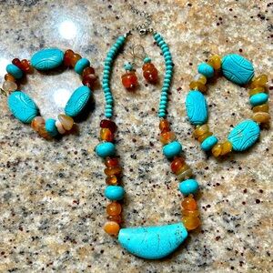 4 piece turquoise and amber necklace, bracelet and earrings set